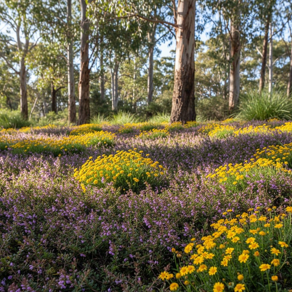 A vibrant Australian garden border carpeted with dense, flowering native creeping boobialla and yellow buttons suppressing weeds beneath gum trees.