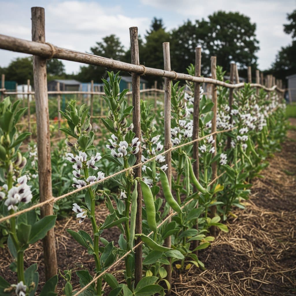 Sturdy broad bean plants in a UK allotment displaying fragrant black-and-white flowers and developing upright green pods supported by wooden stakes and twine.