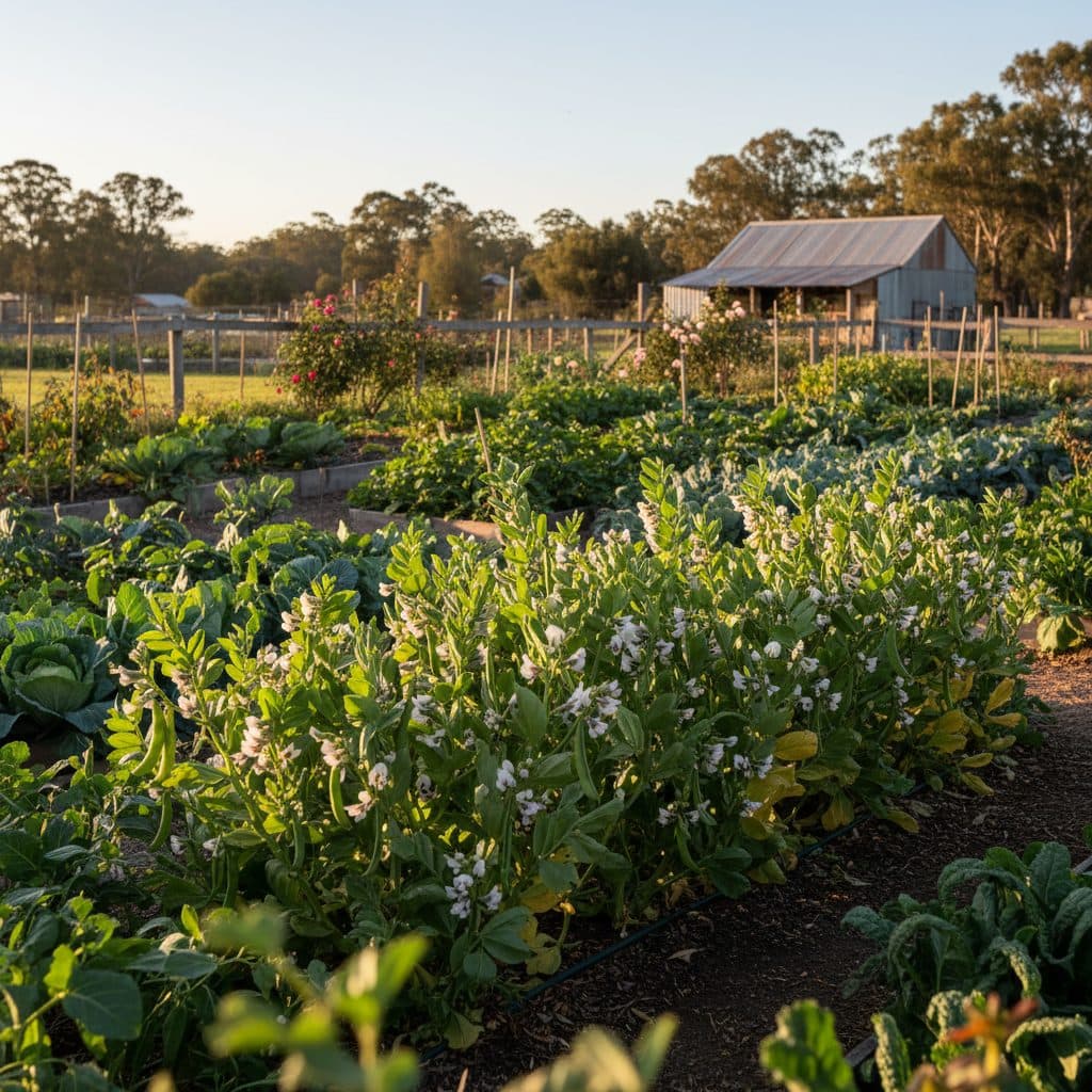 A productive Australian winter veggie patch filled with flowering broad bean plants bearing upright pods under crisp autumn sunshine.