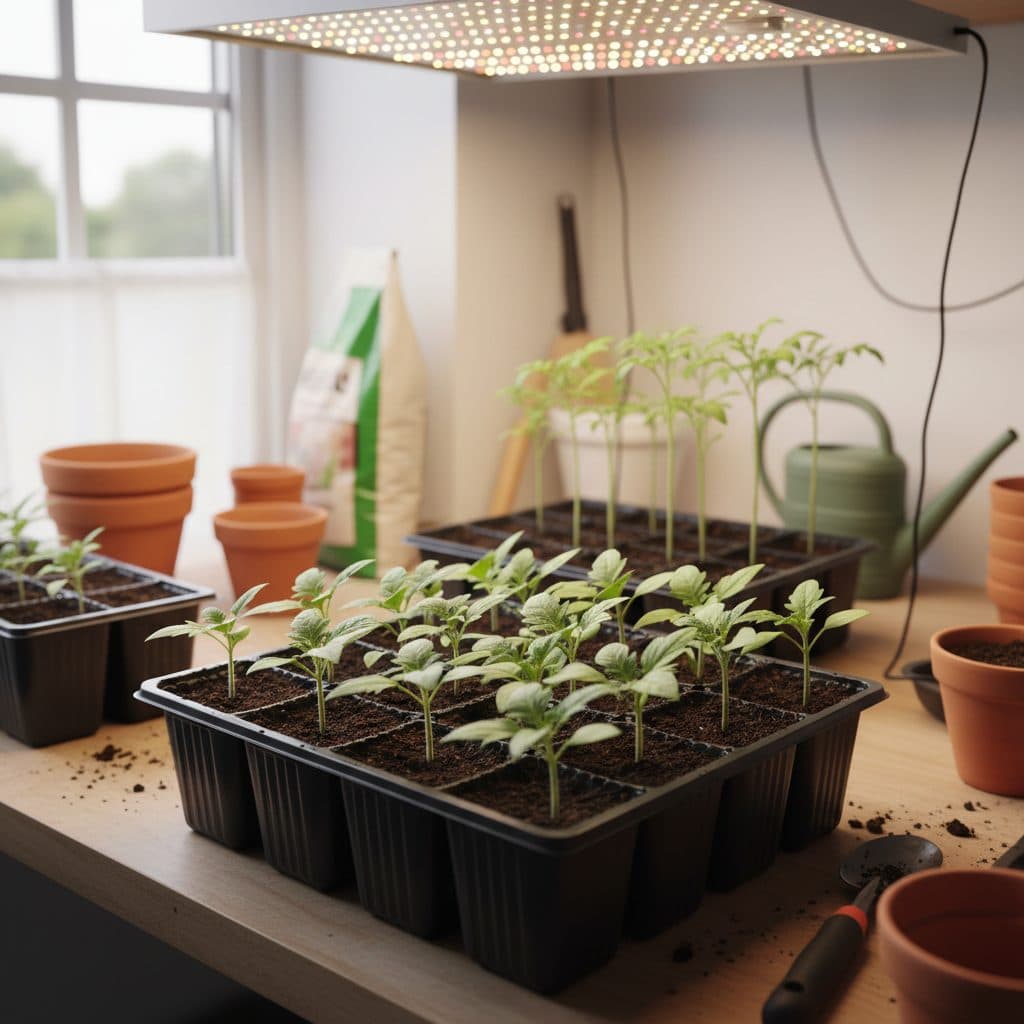 Healthy and slightly leggy tomato seedlings under a grow light in a home setup.