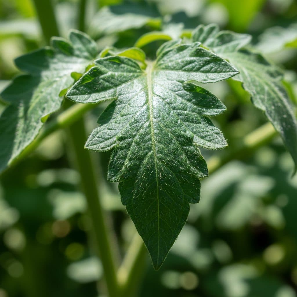 Vibrant green, healthy tomato plant leaf in a sunny garden.