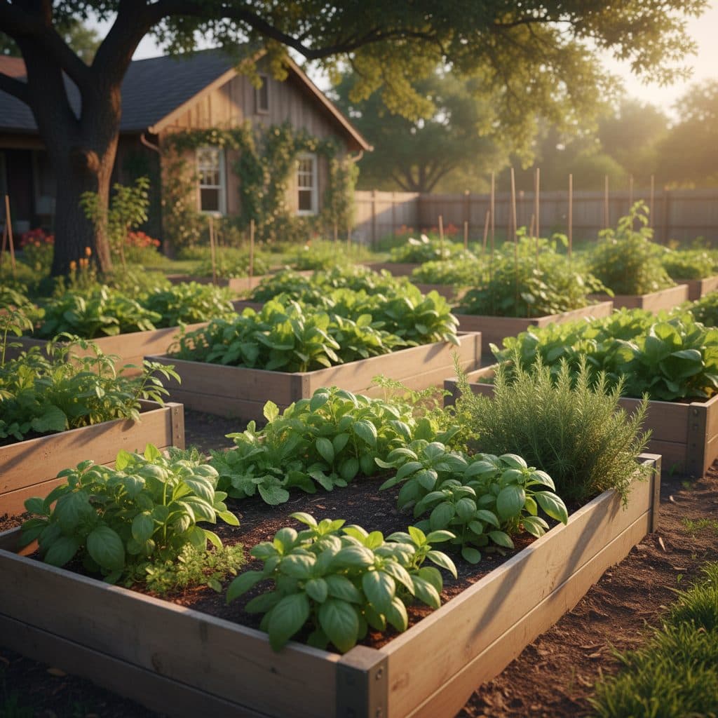 A parched US homestead garden with wilting tomato plants and cracked, dry soil under a harsh summer sun.
