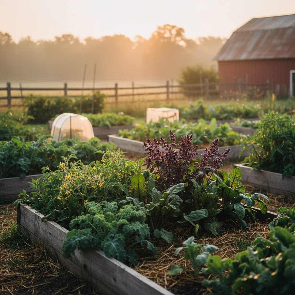A vibrant US homestead garden with rows of green vegetables, a small wooden shed, and a few ladybugs on leaves in the morning sun.