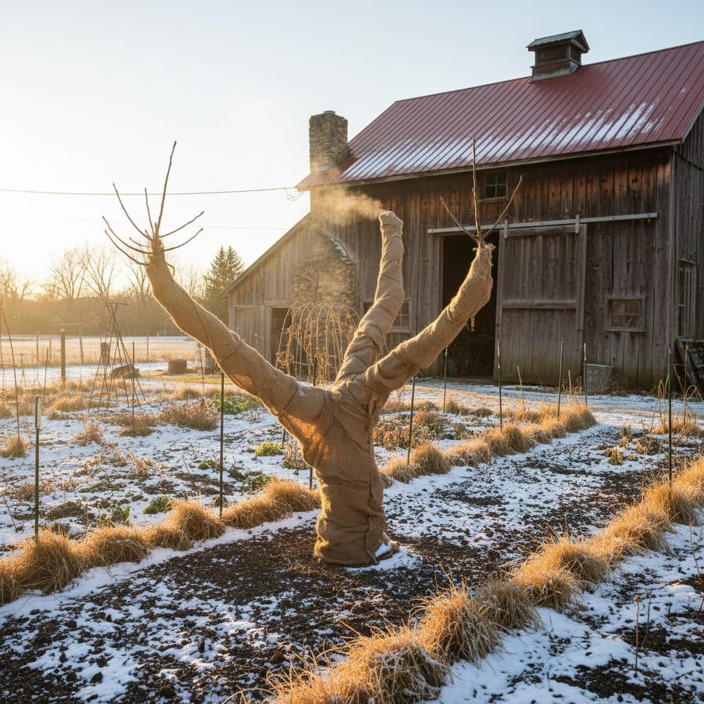 A fig tree wrapped in burlap and plastic for winter, standing in a snowy homestead garden with a barn in the distance.