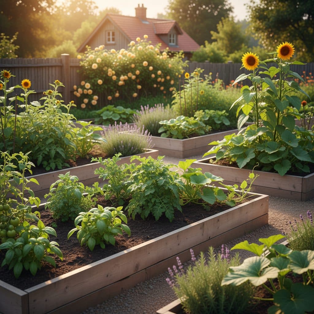 A peaceful autumn garden bed, ready for overwintering crops, with a rustic barn in the background.