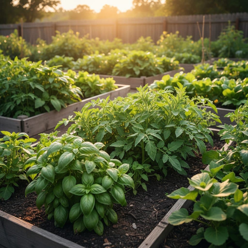 A vibrant permaculture garden on a US homestead, featuring a variety of fruit trees, berry bushes, and groundcovers under soft afternoon light.