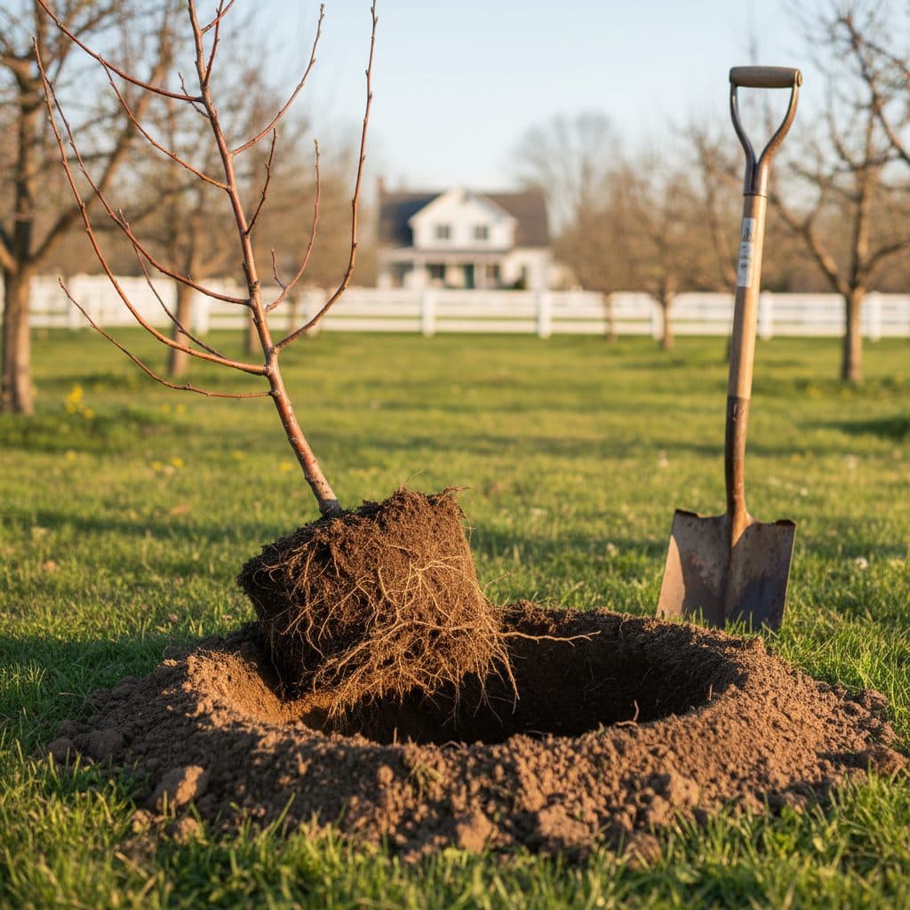 Bare-root apple tree sapling with roots exposed, ready for planting in a home orchard.