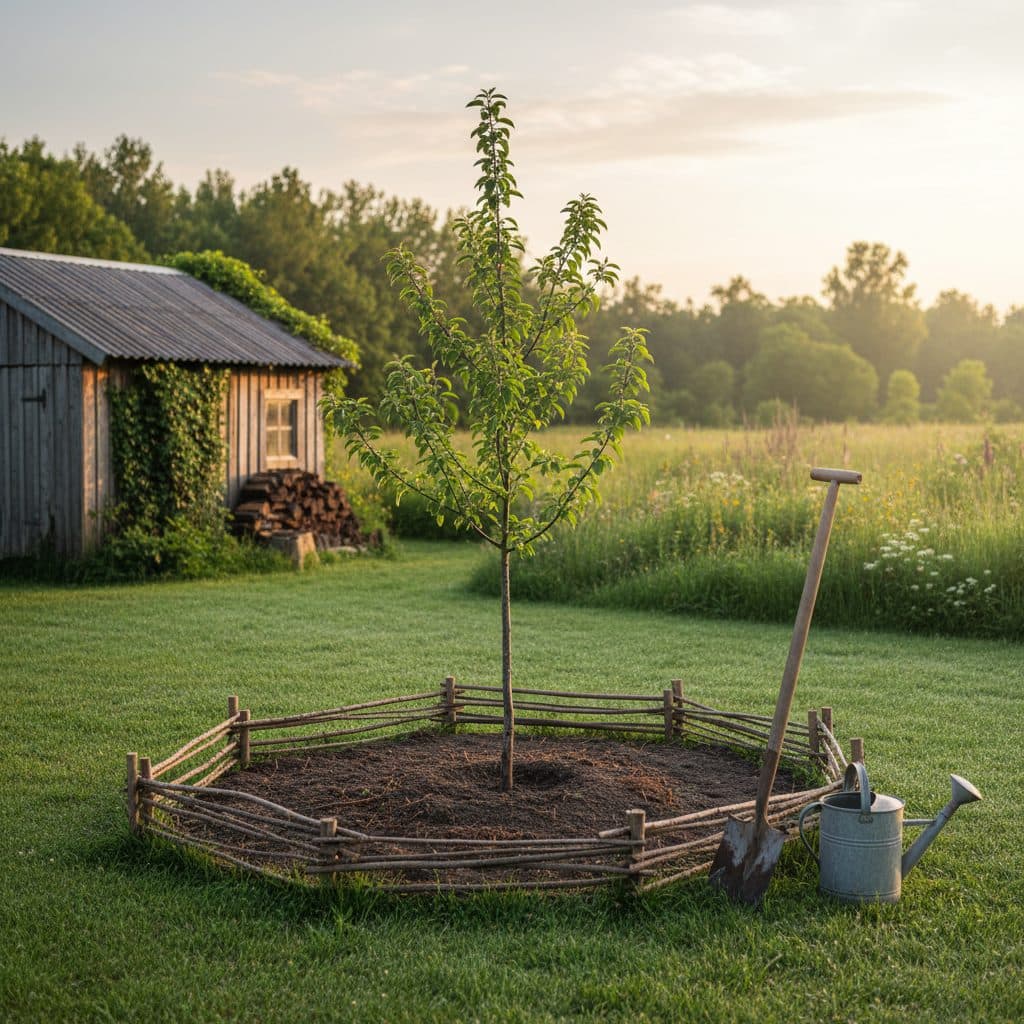A newly planted fruit tree in a home garden, with a shovel and watering can nearby.