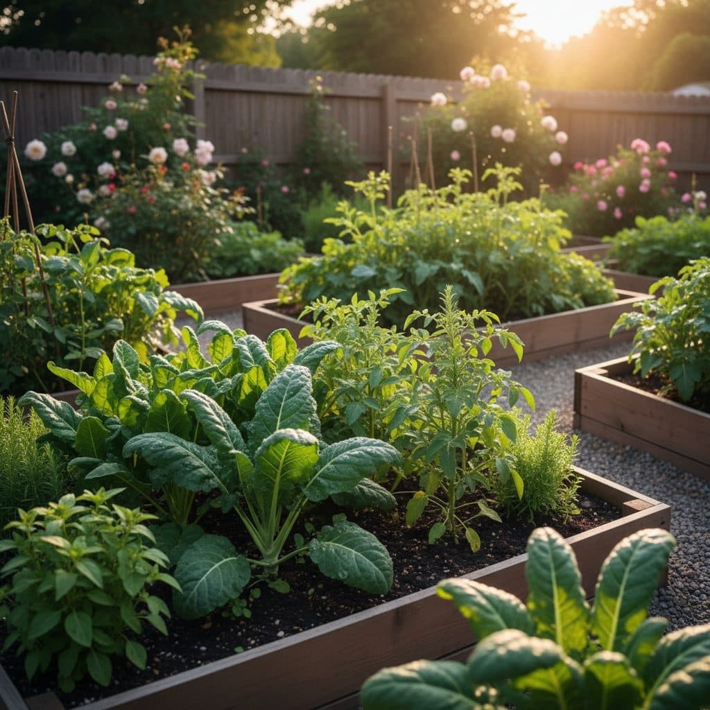 A peaceful US homestead with a well-tended vegetable garden in the foreground, showing rows of green plants under a clear sky.