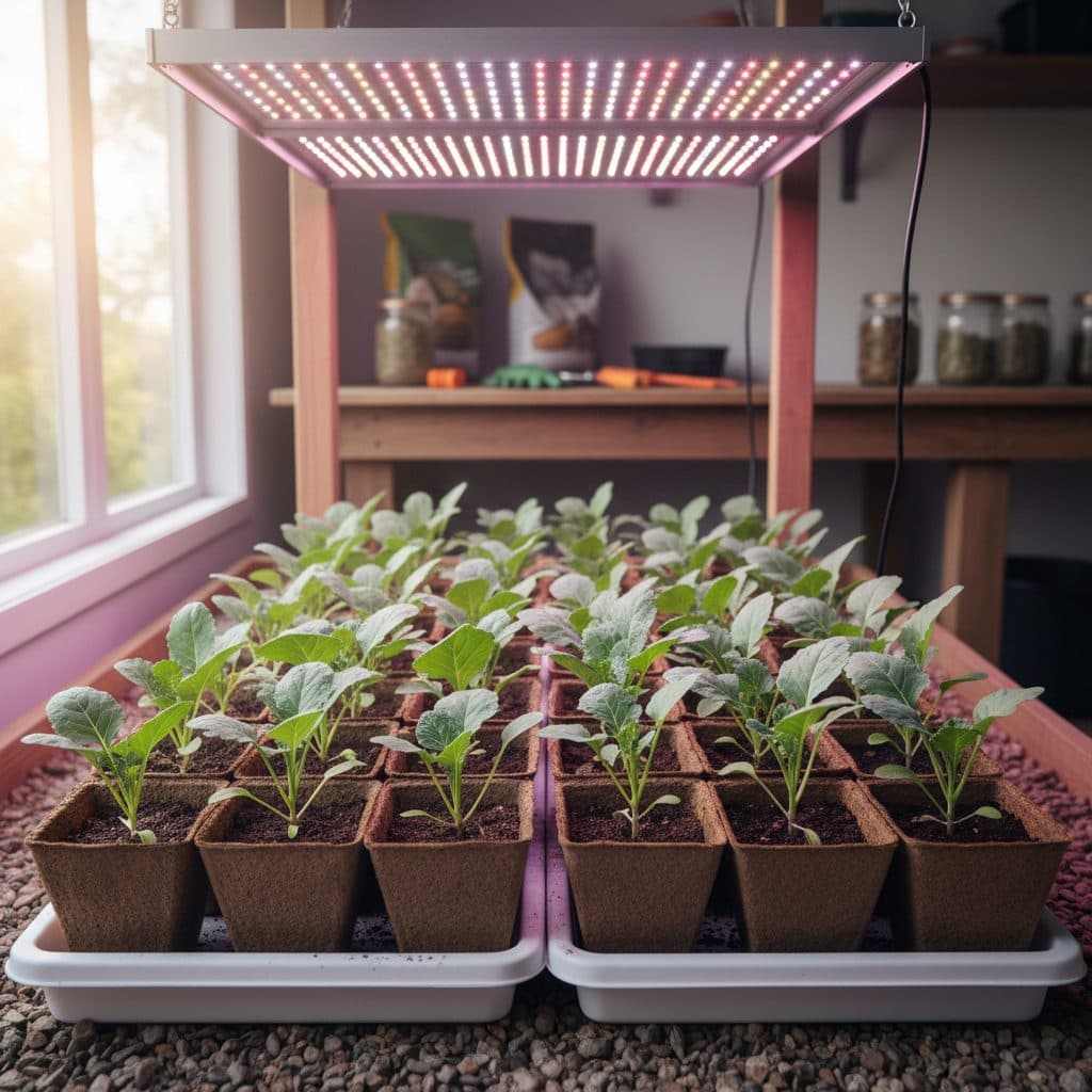 Healthy young tomato seedlings with true leaves in individual pots under grow lights