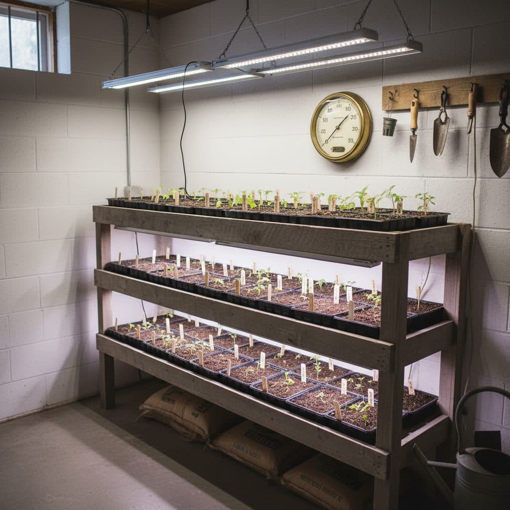 A well-lit cold basement seed starting setup with multiple trays of young seedlings under LED grow lights, a thermometer reads 58F.