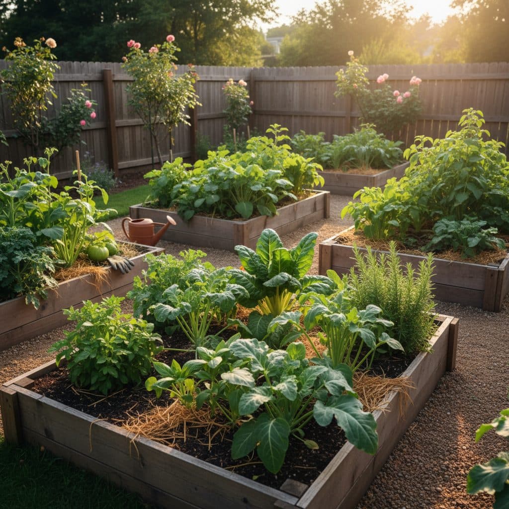 A garden bed on a US homestead with freshly planted perennial divisions, mulched, under soft morning light.
