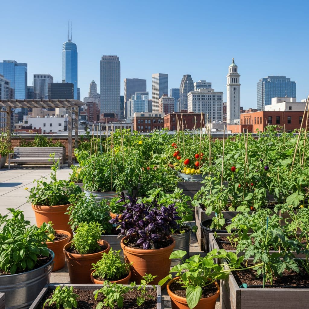 A flourishing rooftop vegetable garden in an urban setting, featuring various container plants under a clear sky, with city buildings in the background.