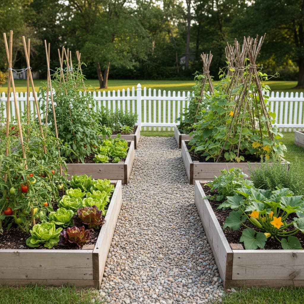 A thriving backyard raised-bed garden demonstrating a 3-bed crop rotation with various healthy plants.