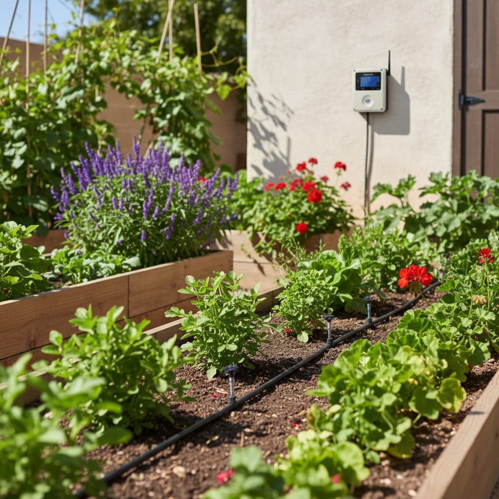 A vibrant garden with smart irrigation system visible