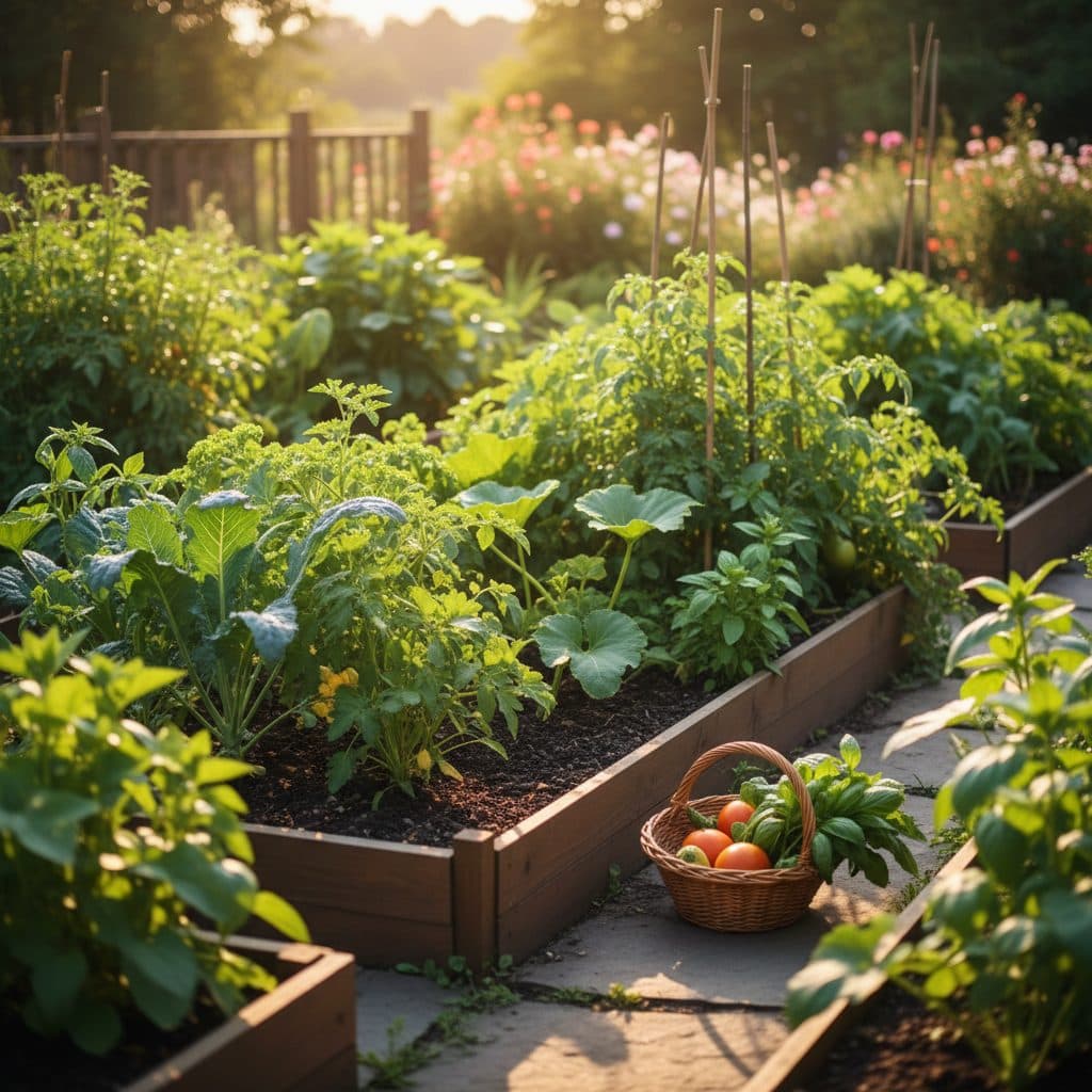 A peaceful US homestead with a flourishing vegetable garden and a small wooden shed under a clear sky.