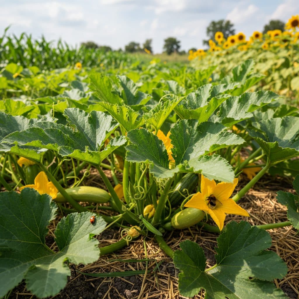 A thriving organic garden with squash plants in the Midwest, illustrating a healthy growing environment.