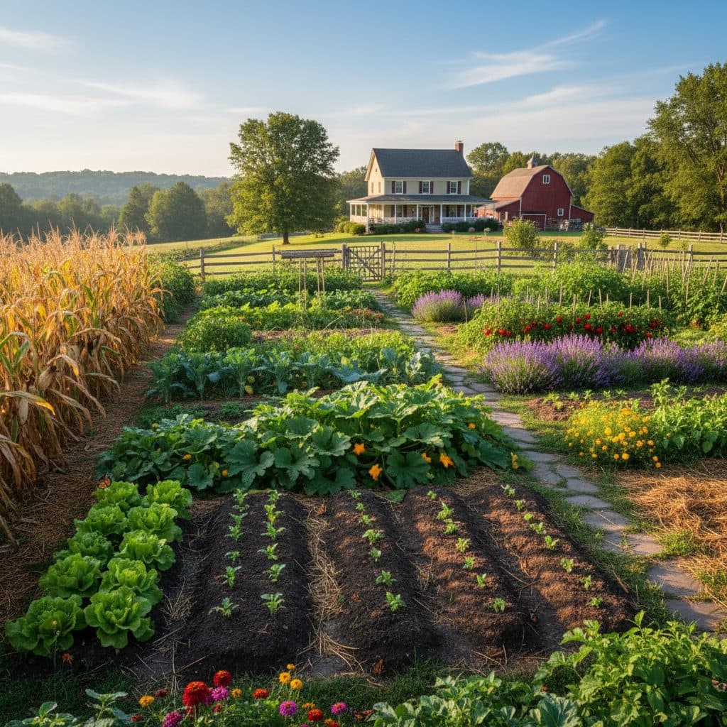 A vibrant homestead garden demonstrating various stages of succession planting, with rows of young seedlings next to mature vegetables ready for harvest.
