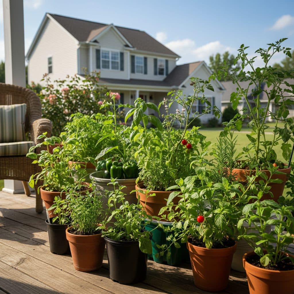 A thriving container garden on a sunny porch with various herbs and vegetables in terracotta and plastic pots.