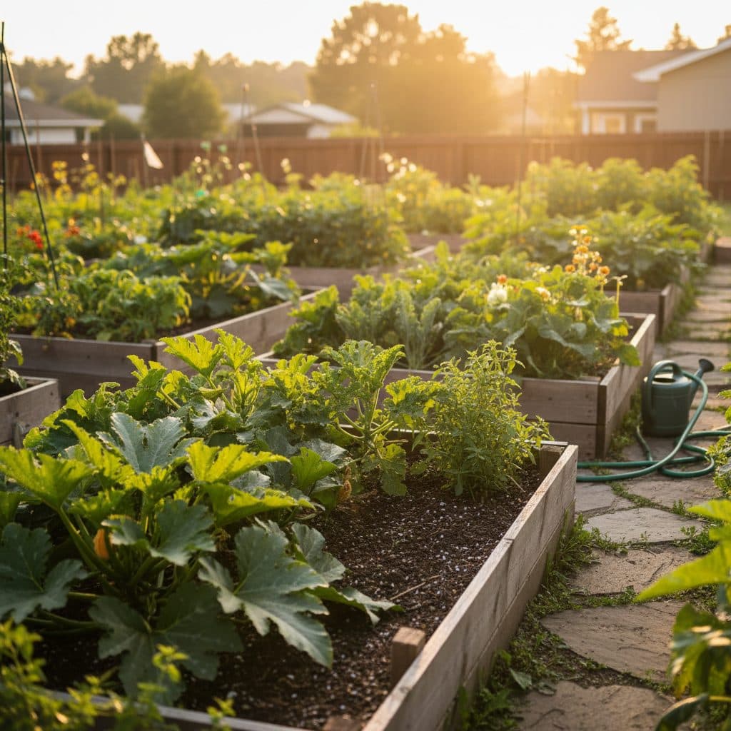 A thriving mid-summer vegetable garden in a US homestead, showing heat-tolerant crops like okra and sweet potatoes, with some rows protected by shade cloth.