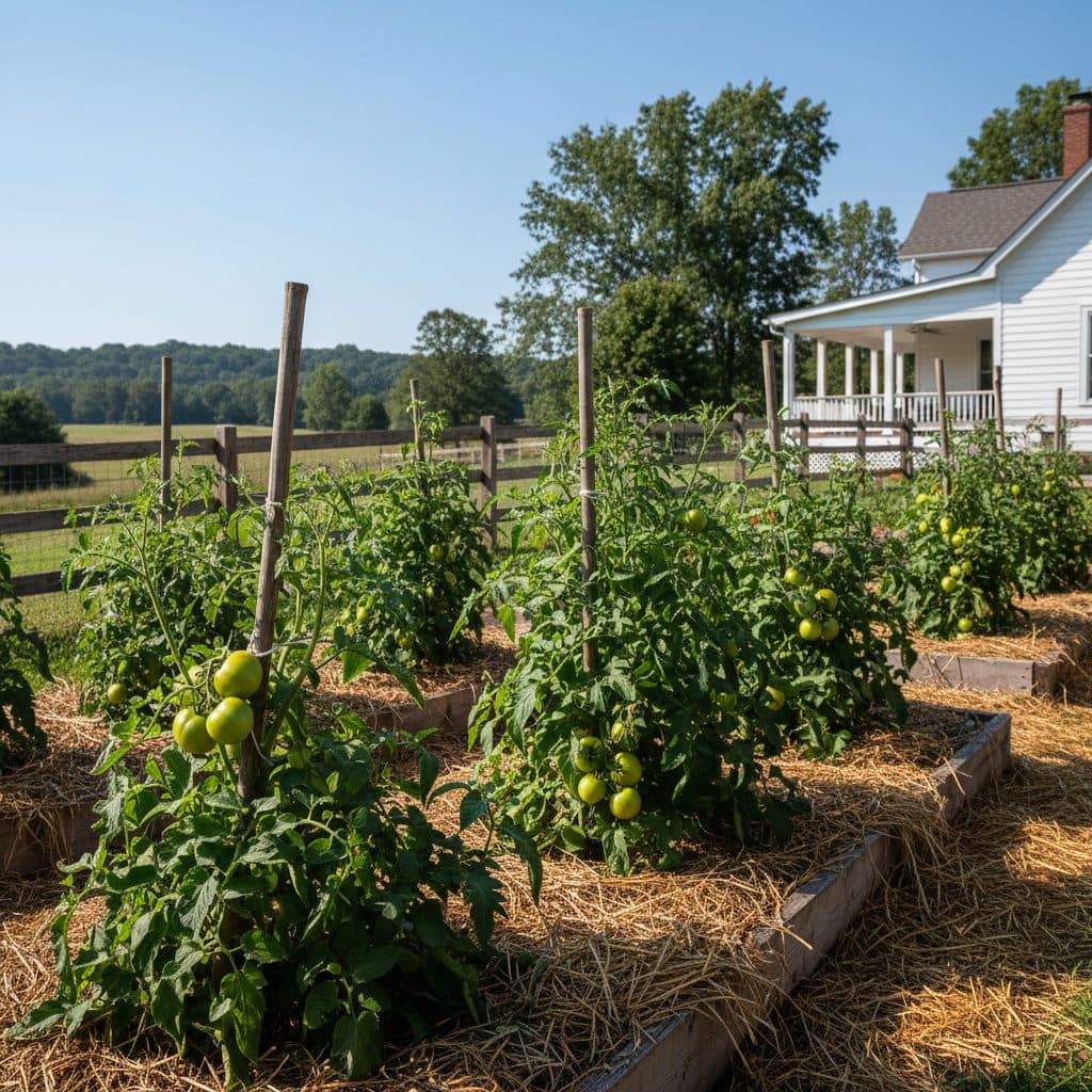 Lush green tomato plants with unripened green fruits in a sunny US backyard garden.