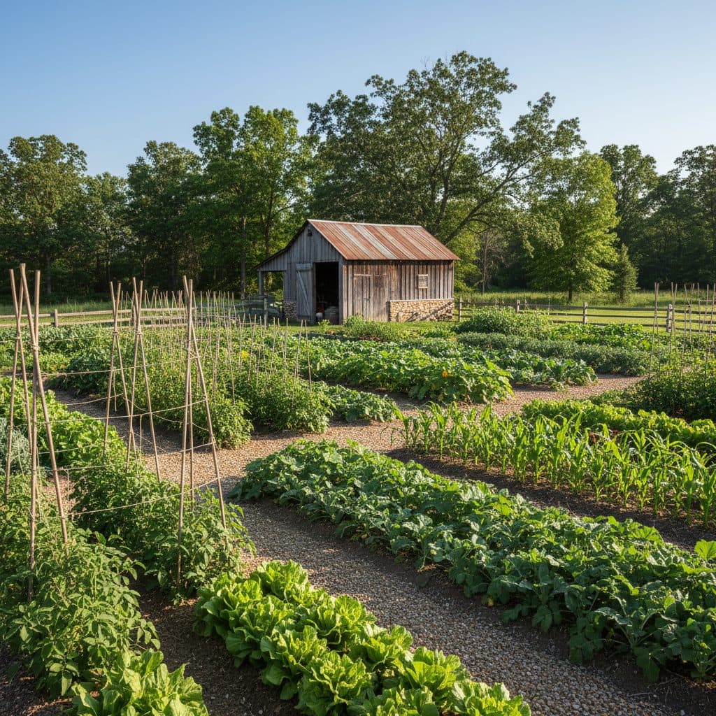 A thriving vegetable garden in late spring, with neat rows of young plants, a small shed, and a clear sky, typical of a USDA zone 6 homestead.