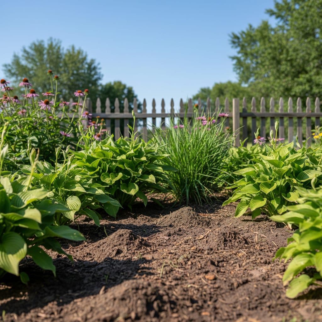 A well-maintained garden bed with a few small, fresh soil mounds, indicating subterranean pest activity.
