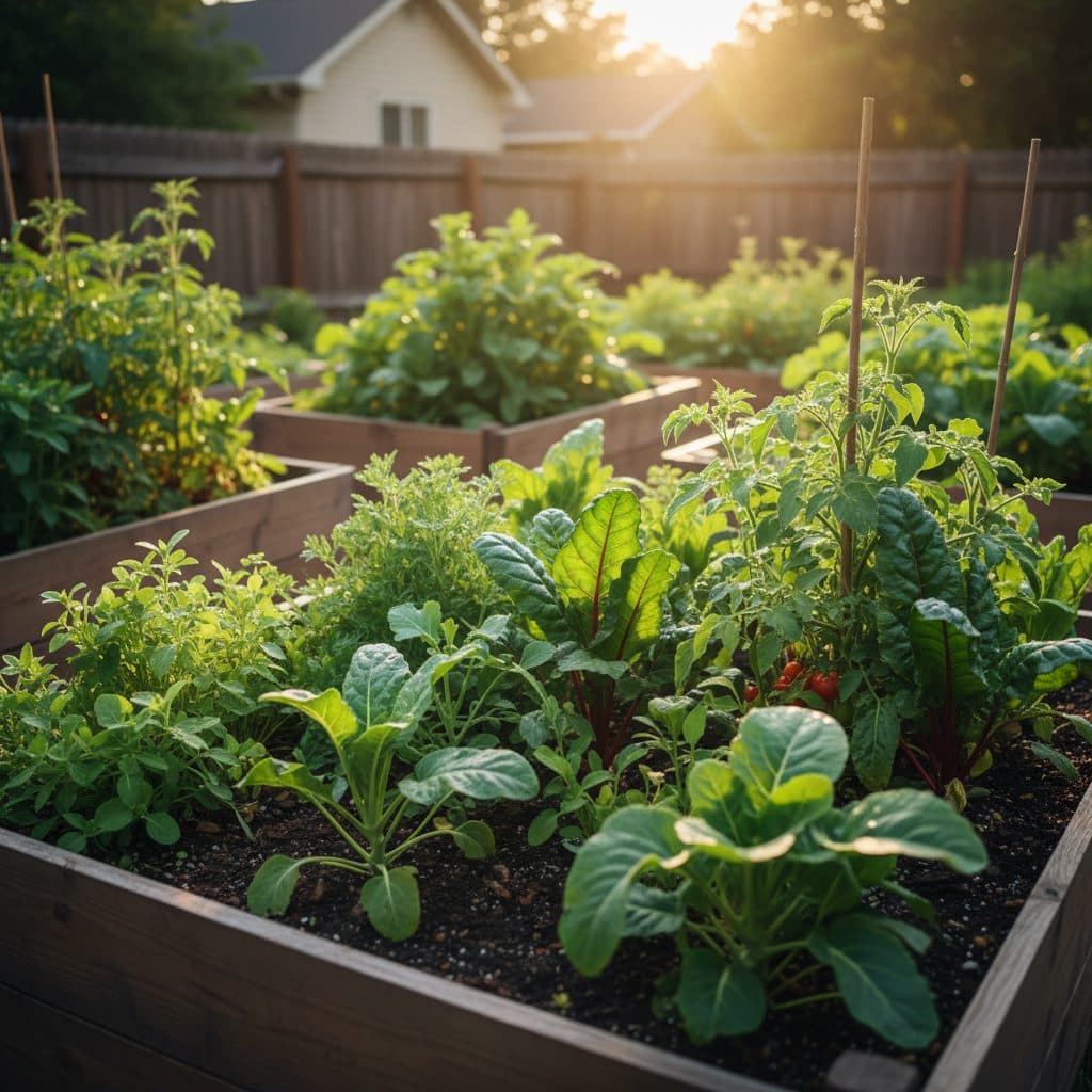 A peaceful homestead in rural Ohio with a barn, garden beds, and a small greenhouse under a clear sky.
