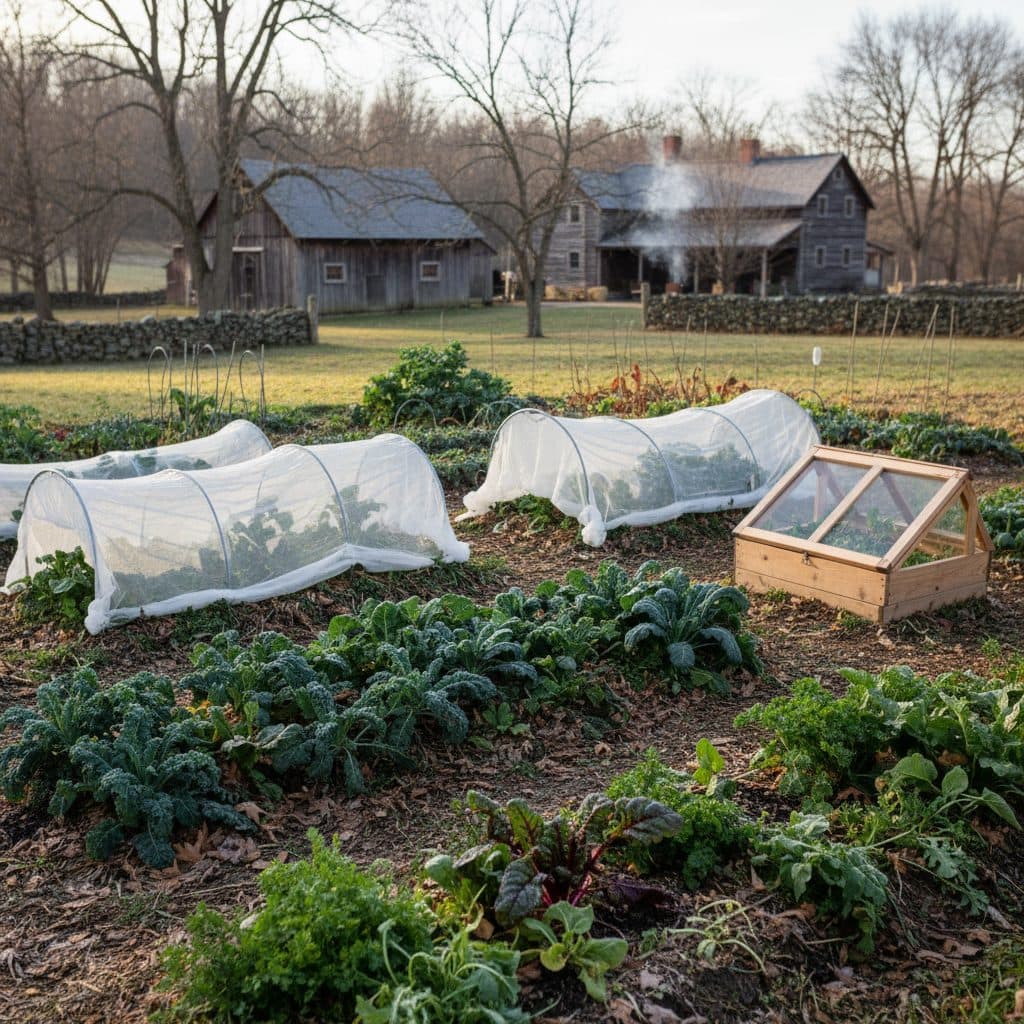 A small, productive garden in late autumn with row covers and a cold frame, showing extended harvest.