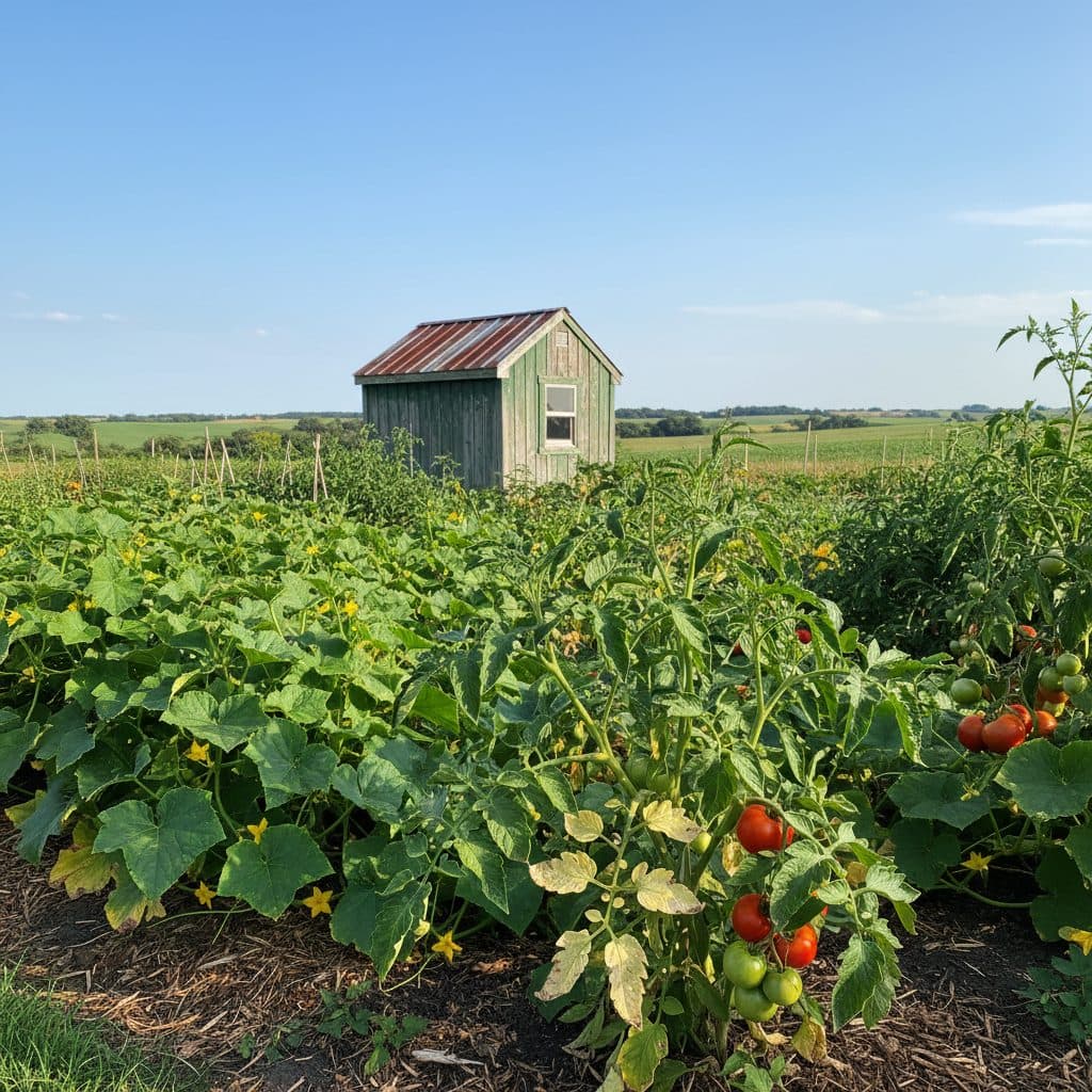 A garden scene with some yellowing tomato leaves