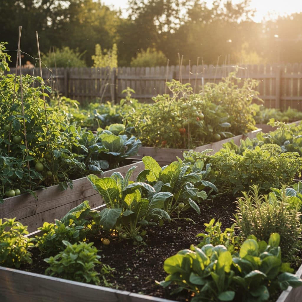 A thriving vegetable garden in the Upper Midwest during late summer, showcasing rows of corn, squash, and tomatoes, with a distant farmhouse.