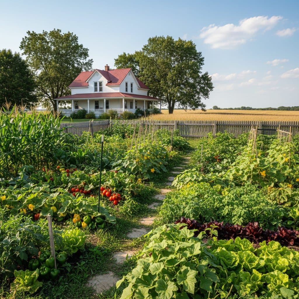 A vibrant summer vegetable garden in full bloom on a Midwest homestead, with rows of corn, tomatoes, and squash, and a farmhouse in the distance under a clear sky.