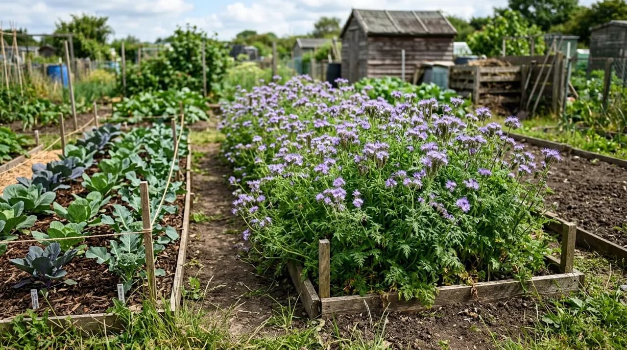 A lush purple-flowering bed of phacelia green manure growing vigorously on a UK allotment plot beside neat rows of brassicas.