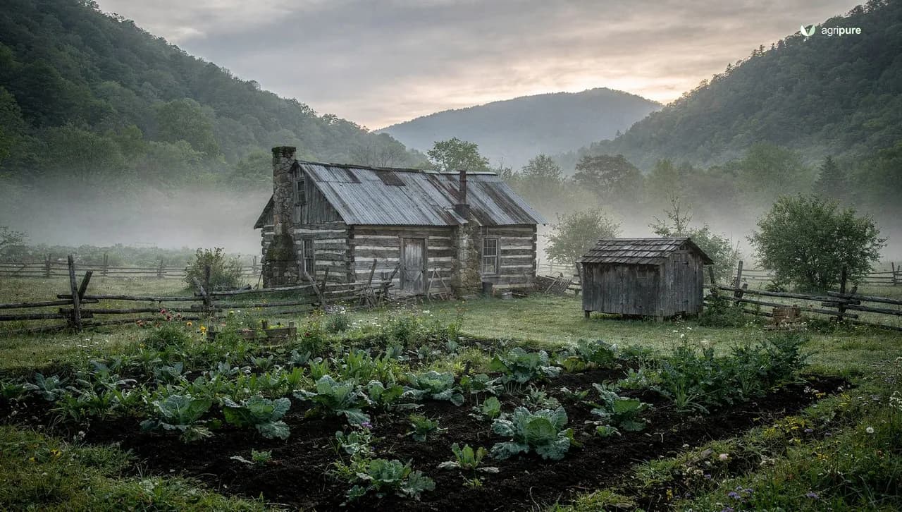 A log homestead cabin in a misty Appalachian mountain hollow with a garden, smokehouse, and split-rail fence