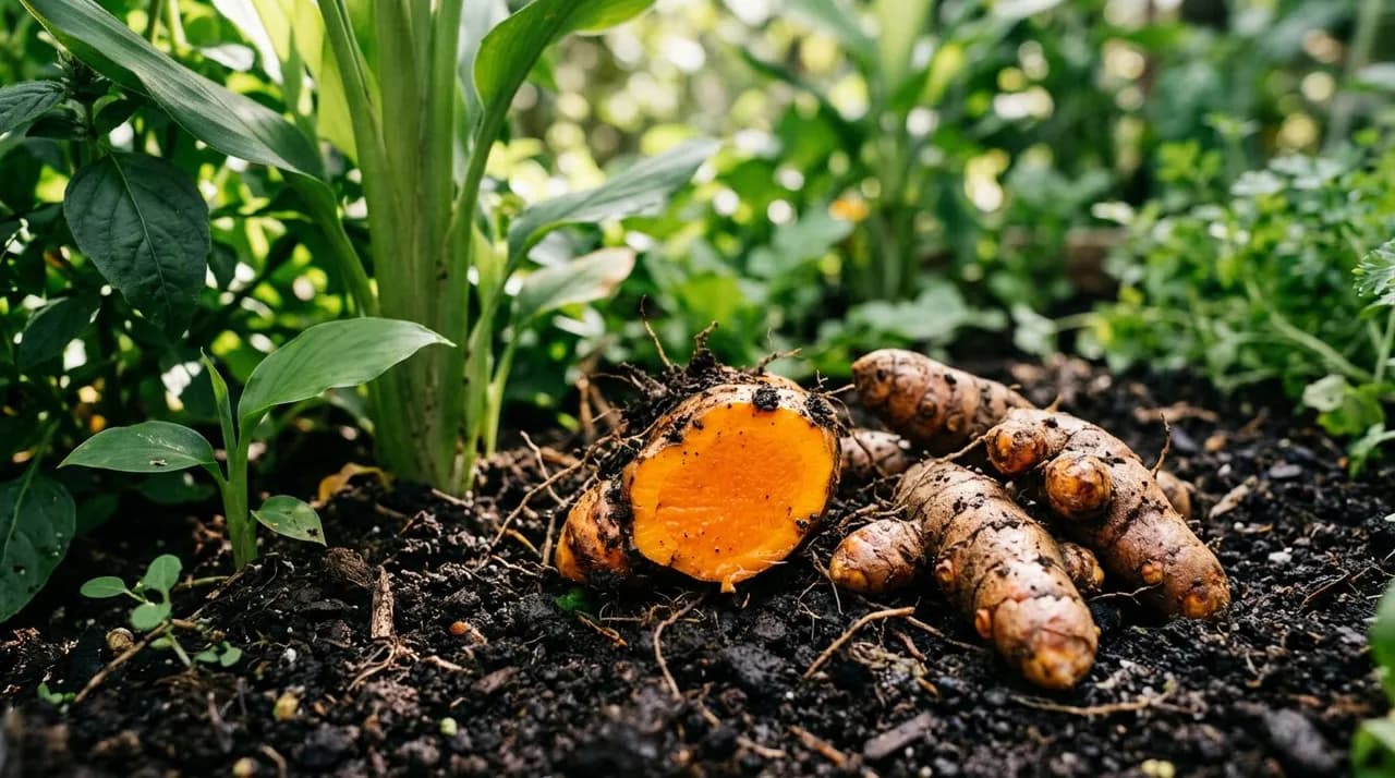 Freshly harvested organic turmeric rhizomes with vibrant orange flesh resting in rich dark potting soil beside healthy green foliage.