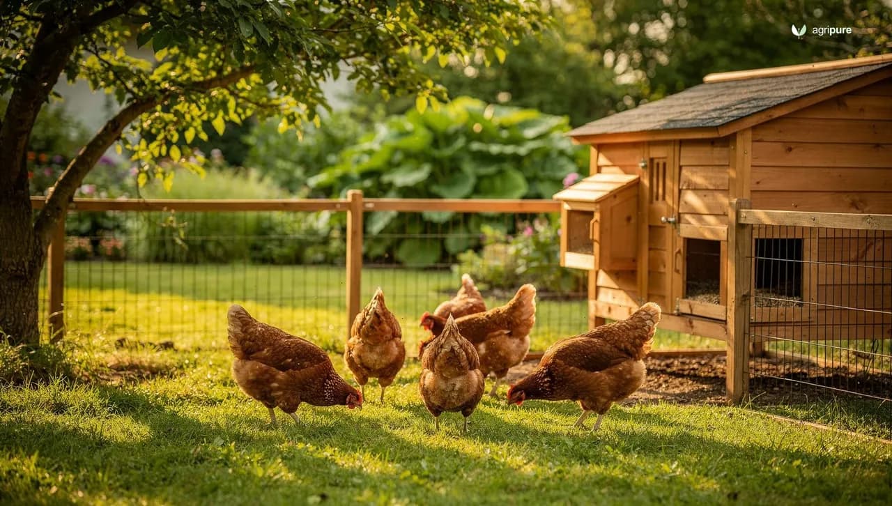 A small flock of brown and speckled hens in a backyard run beside a tidy wooden coop with nesting boxes
