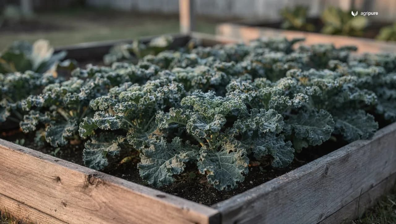 A backyard raised bed at dawn filled with dense rows of curly blue-green kale leaves growing in dark, rich soil with a wooden frame.