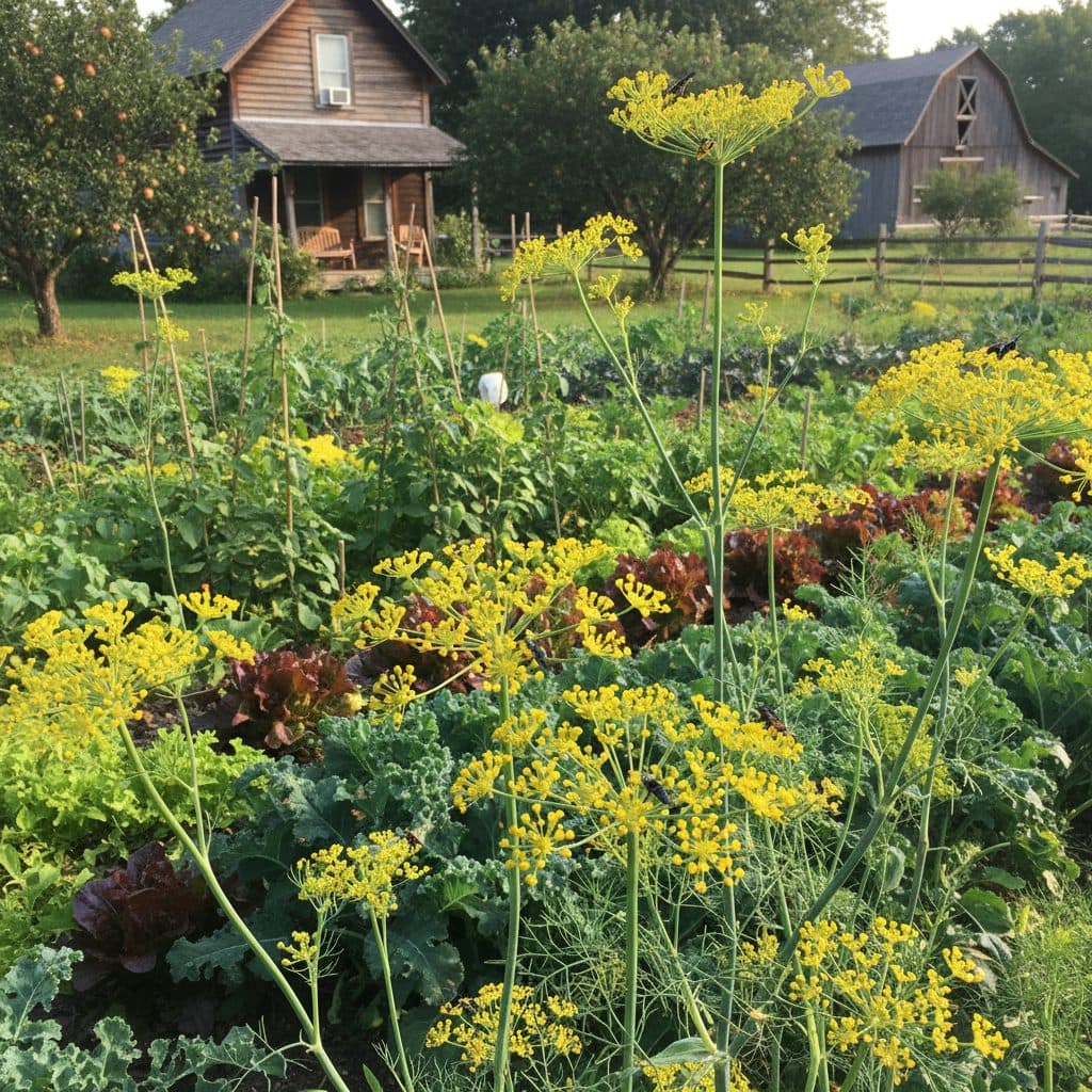 A vibrant organic vegetable garden with blooming dill and fennel, attracting small parasitic wasps.