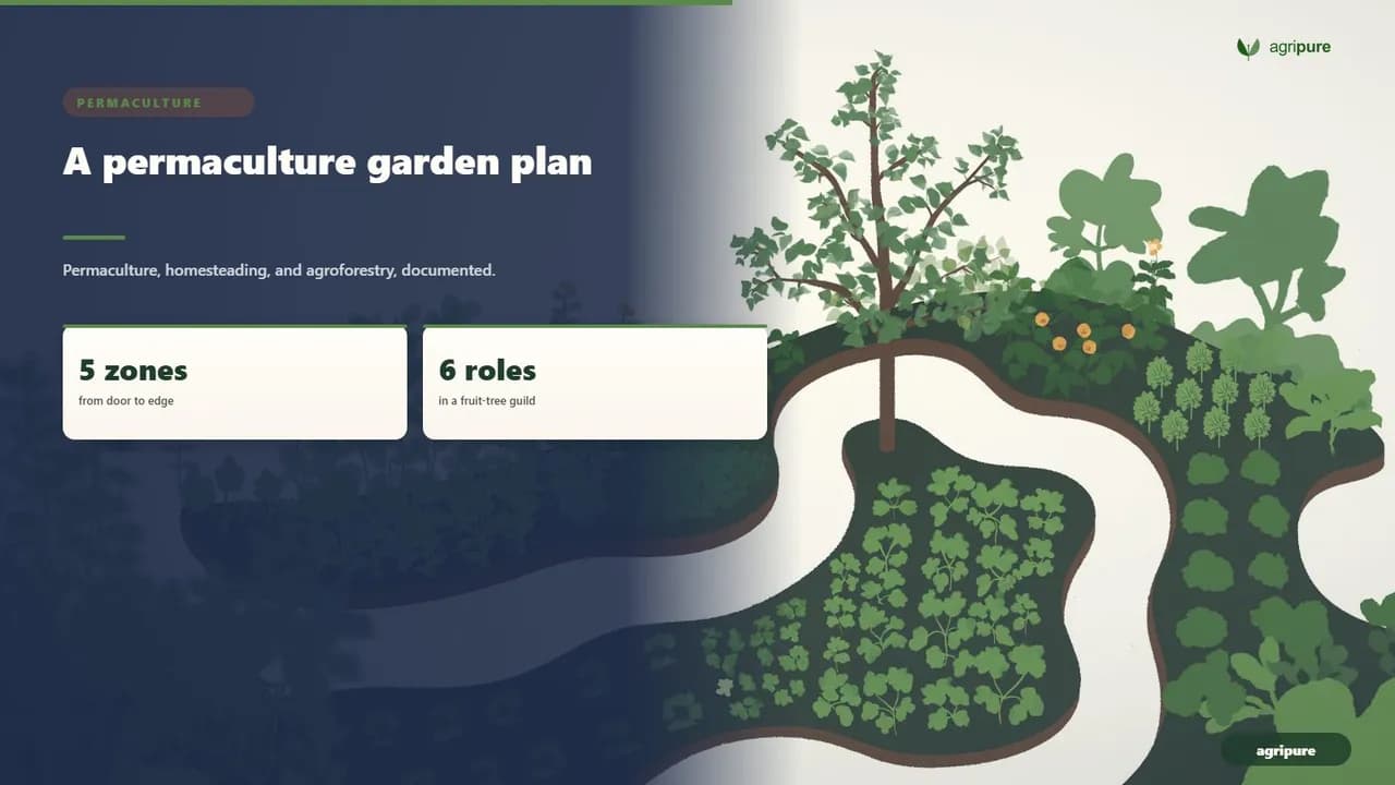 A backyard permaculture garden seen from above with curved keyhole beds, a young fruit tree underplanted with herbs and flowers, and winding mulch paths