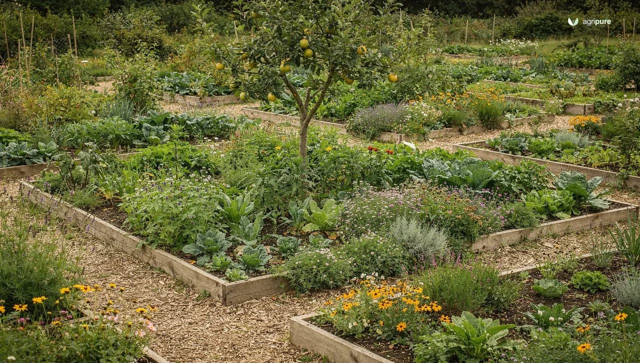 A layered permaculture garden with no-dig beds, a fruit tree underplanted with herbs and flowers, and wood-chip paths