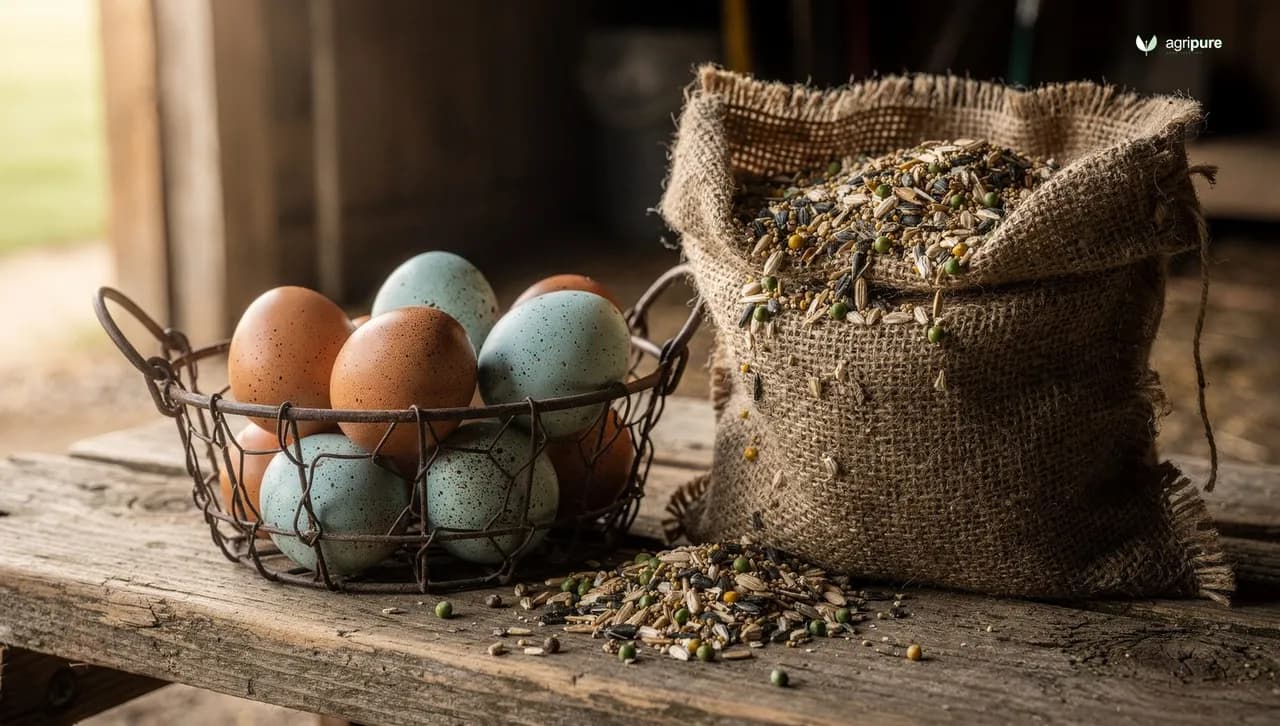 Six brown and blue eggs in a wire basket on a wooden bench beside a bag of scratch-and-peck style whole-grain feed, morning light, no people