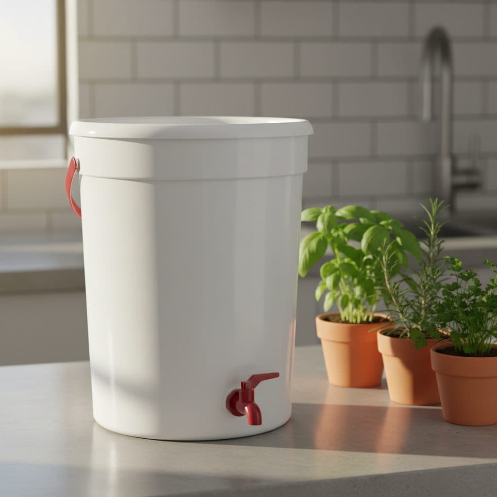A small white airtight composting bucket with a spigot sitting on a clean kitchen counter next to small indoor herb planters.