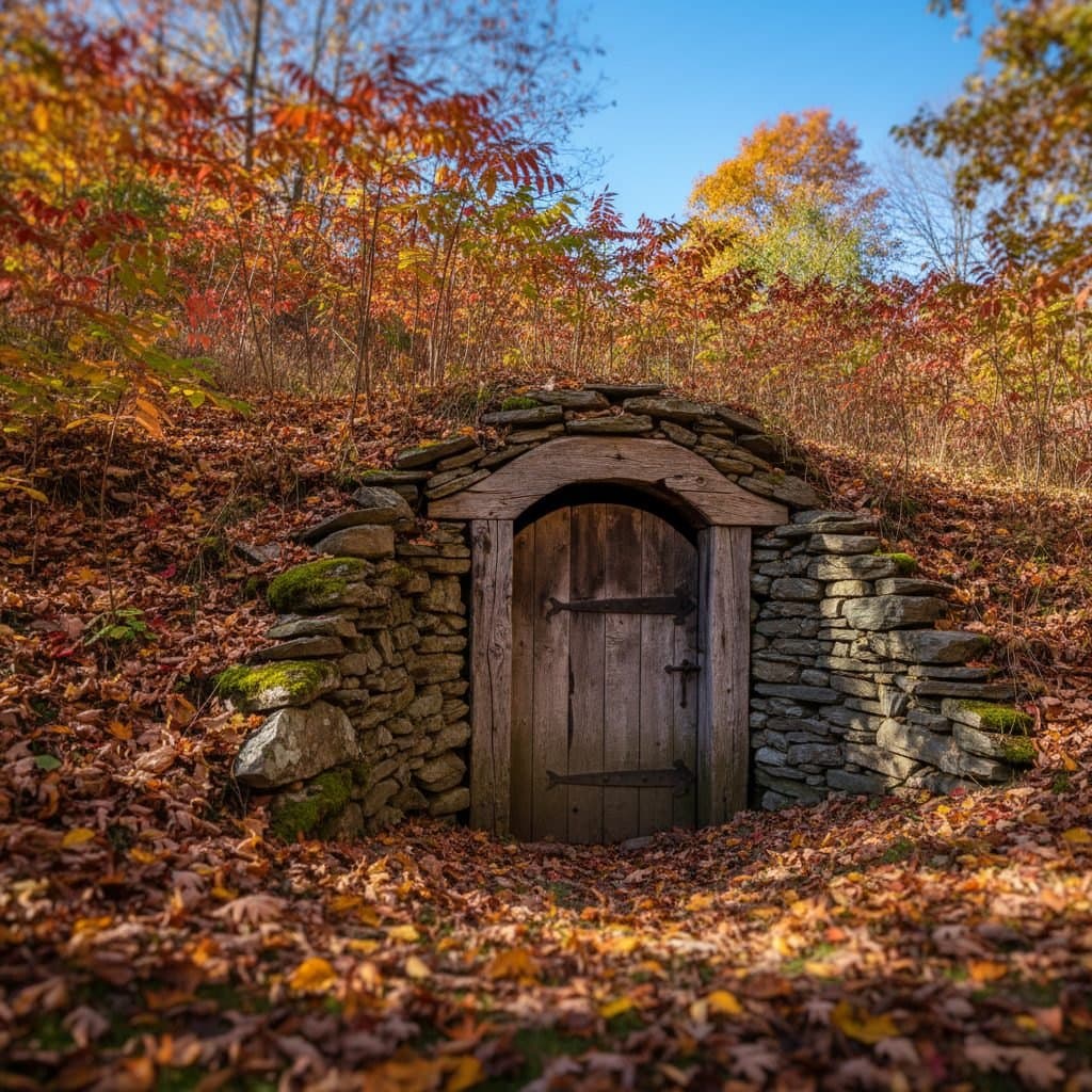 A well-built root cellar entrance nestled into a grassy hillside on a homestead.