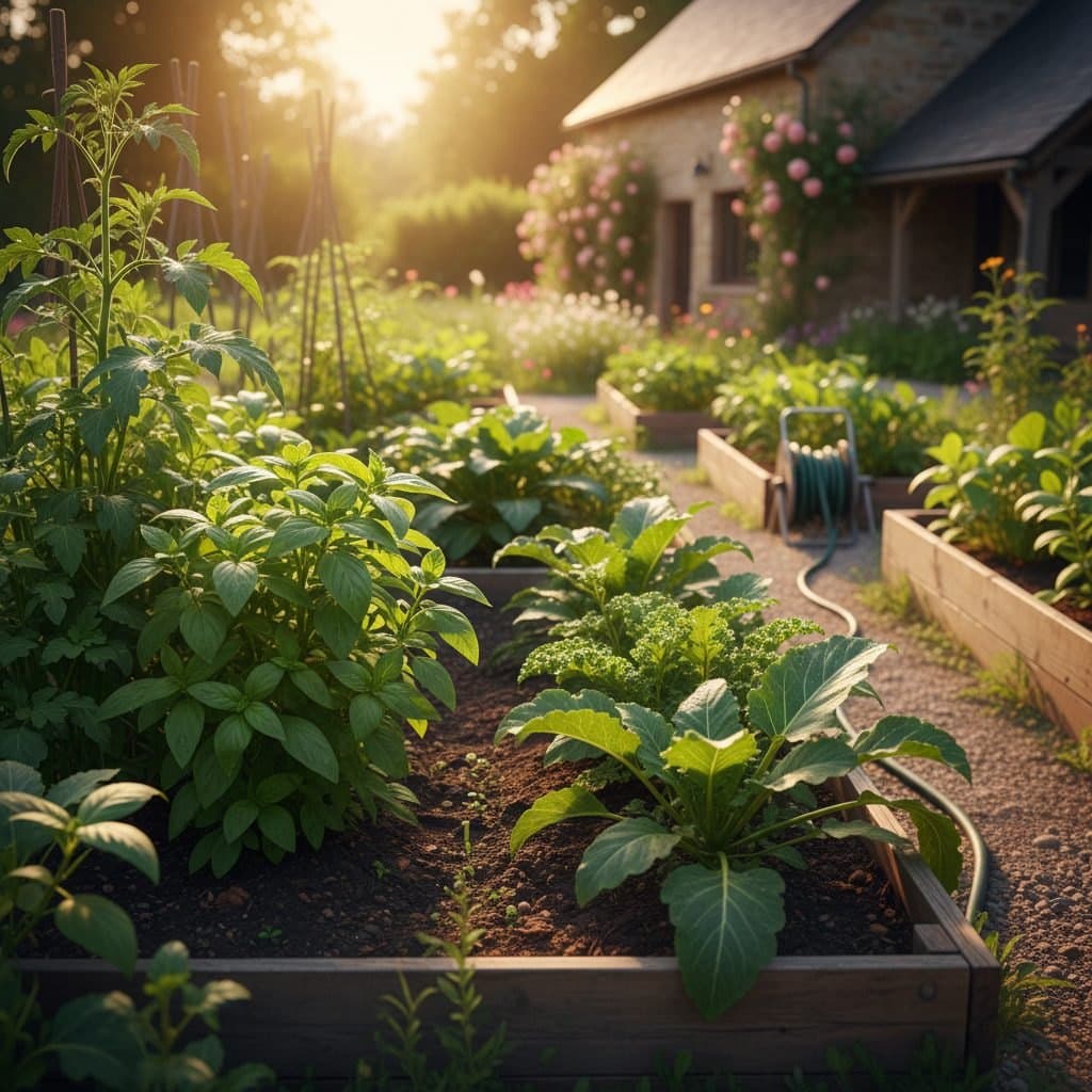 Cauliflower plants growing in a sunny garden bed with leaves tied over the heads, in a US rural setting.