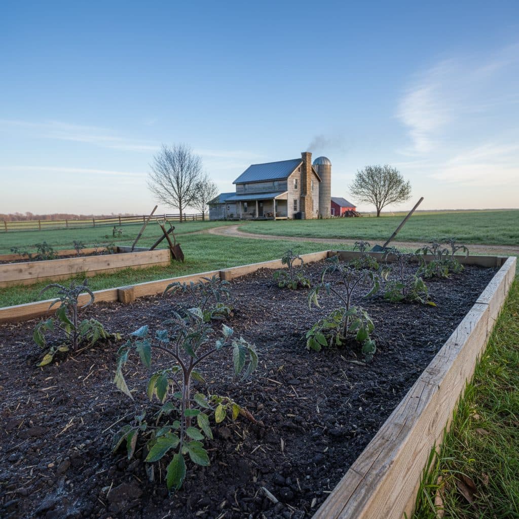 Young tomato plants with purple leaves in a cold, wet spring garden bed at a US homestead.