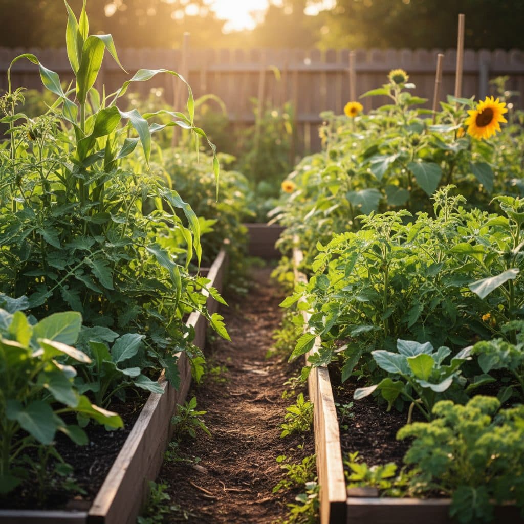 A steaming, well-structured chicken manure compost pile in a backyard garden with a chicken coop nearby.