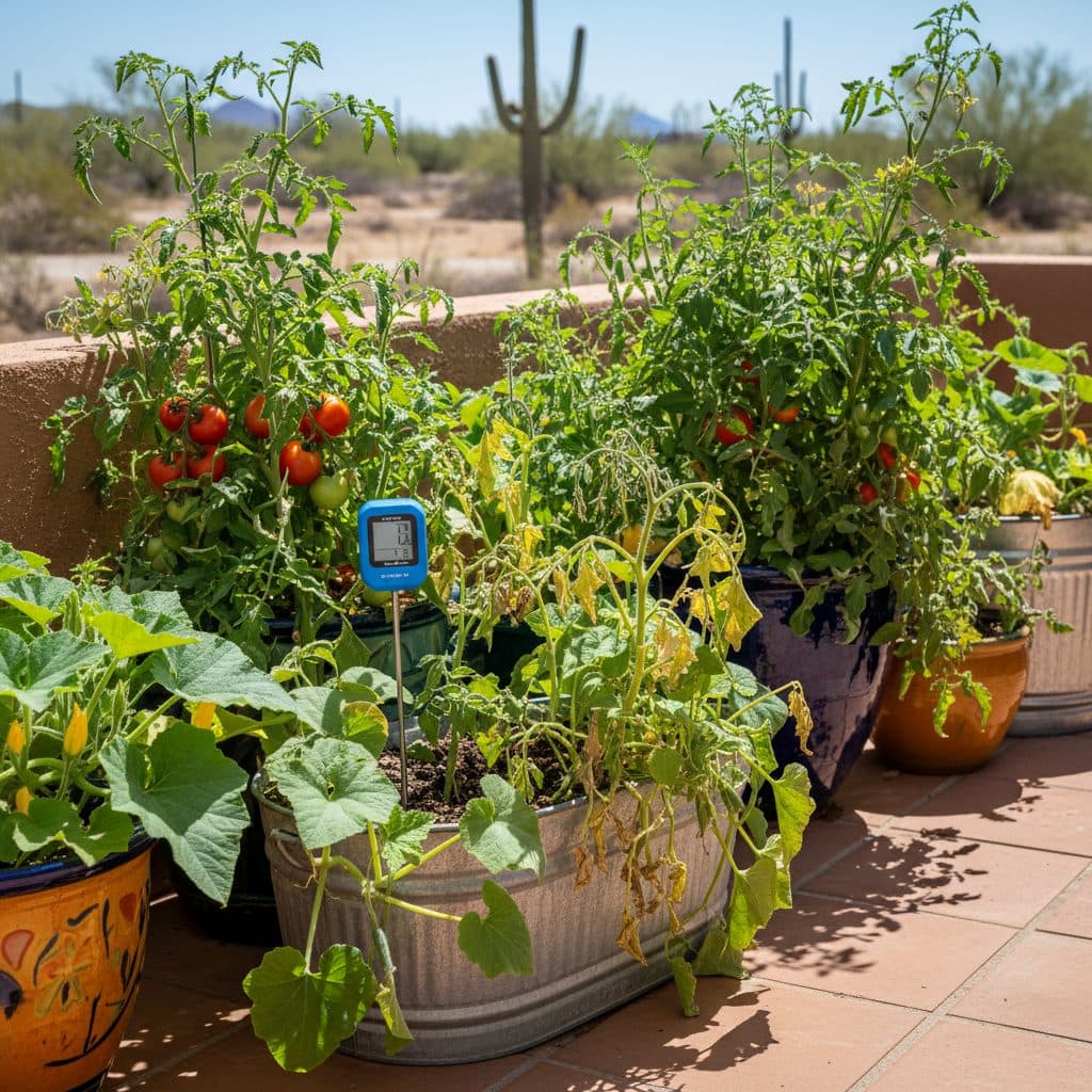 A container garden in Arizona with healthy tomatoes and wilting zucchini, showcasing the challenges of container watering, with a soil moisture meter.