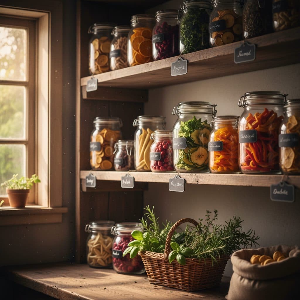 A rustic homestead pantry with glass jars of dried foods on shelves.