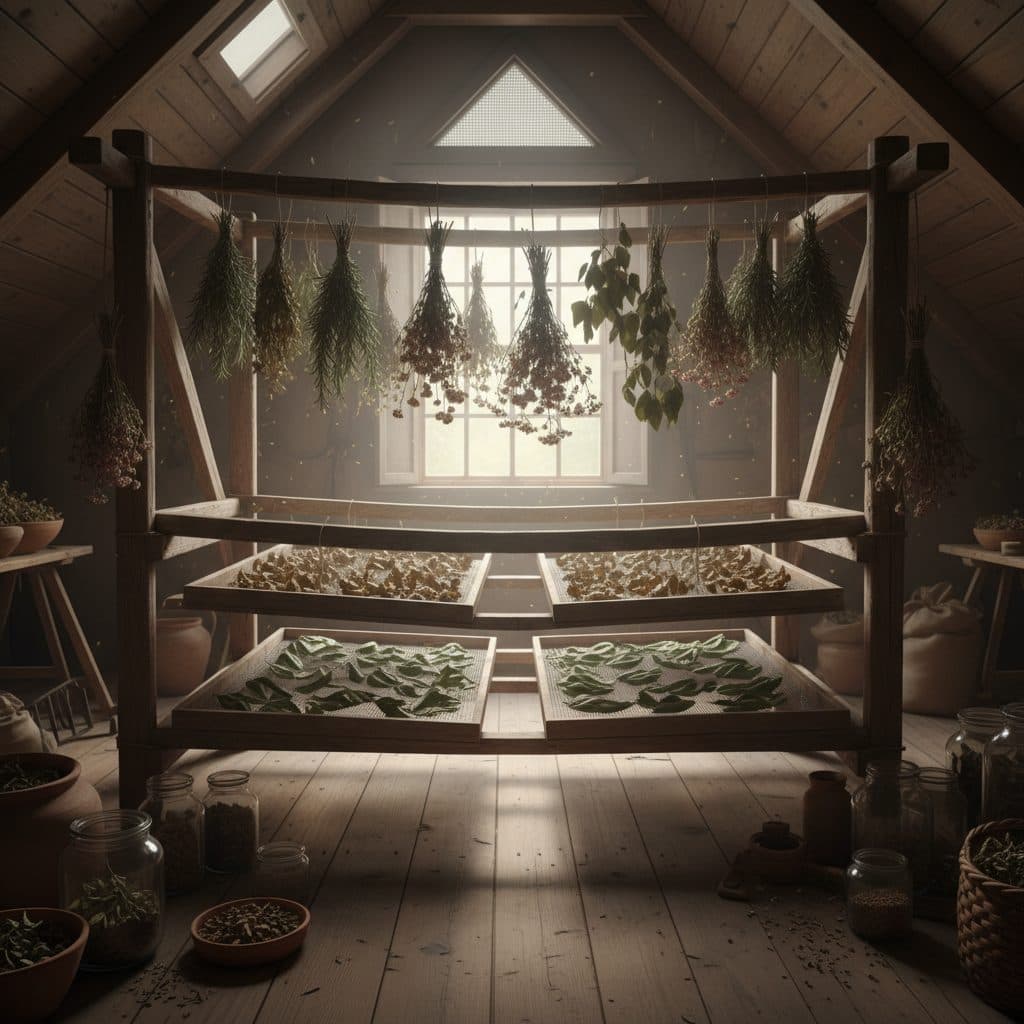 Bundles of fresh herbs like rosemary and oregano air-drying on a wooden rack in a dark, ventilated attic.