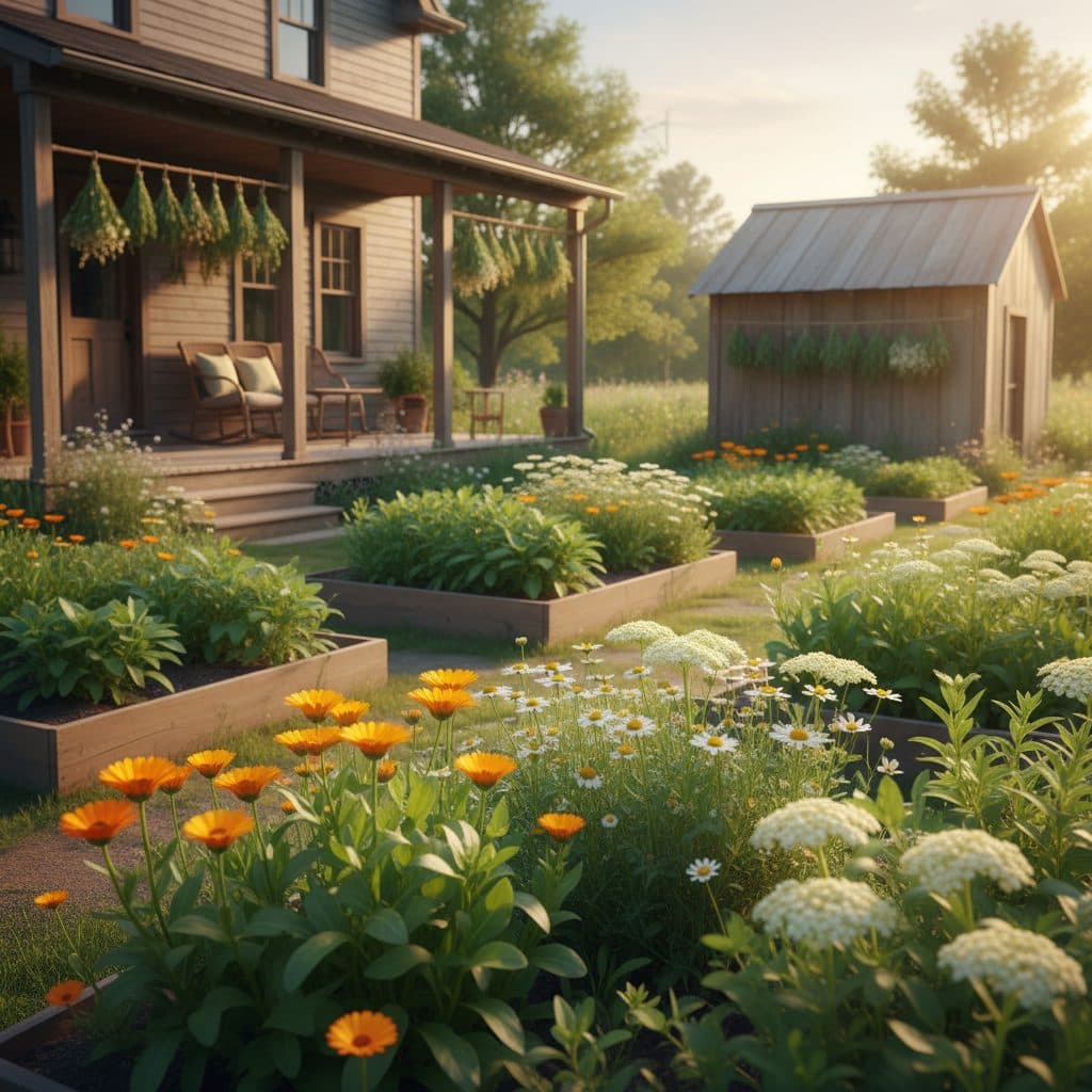 A peaceful US homestead with a medicinal herb garden and drying racks on a porch.